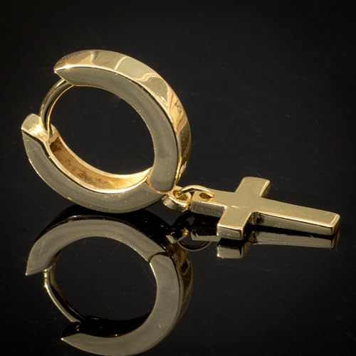 Solid Yellow Gold Plated 925 Sterling Silver Drop Dangle Cross Huggie Hoop Earrings Trendy Cross Earrings For Men Women Small 12mm Huggie Hoops Dangling Earrings for Men Hypoallergenic Lightweight4