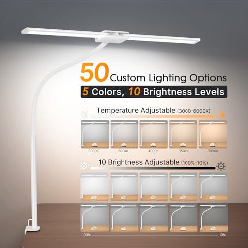 Image of Syrinx LED Desk Lamp, Dual Head Desk Light with Clamp, 50 Lighting Modes Eye-Caring Table Lamp, Flexible Gooseneck Task Light with Motion Sensor, Wired Control, Timer & Memory Function for Home Office