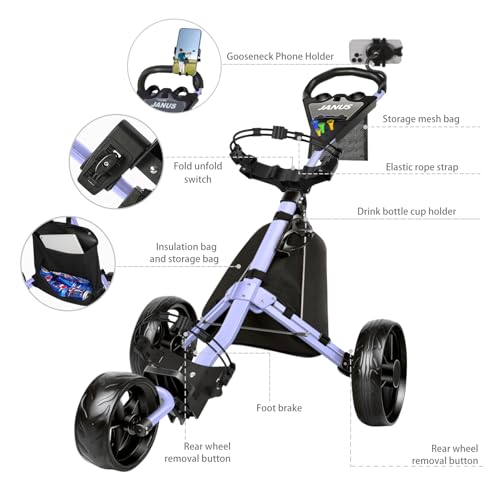Image of JANUS Pace Golf Push Cart with Integrated Gooseneck Viewing System, 3-Wheel Foldable Golf Cart with One-Click Folding System, EVA Wheels, Foot Brake, Cooler Bag & Golf Bag Support System