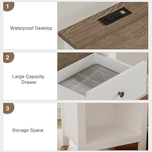 Choochoo farmhouse nightstand set of 2night stand with charging station wooden top bedside end table with drawer and storage space for bedroom white  urban country home decor