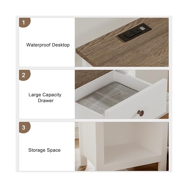 Choochoo farmhouse nightstand set of 2night stand with charging station wooden top bedside end table with drawer and storage space for bedroom white  urban country home decor