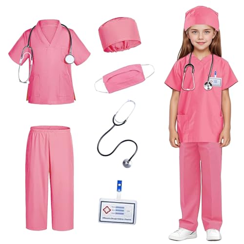 ASFWAGQ Costume de médecin pour enfants, déguisement d'infirmière avec accessoires, costume d'Halloween et de costumade pour garçons et filles (rose, taille M)