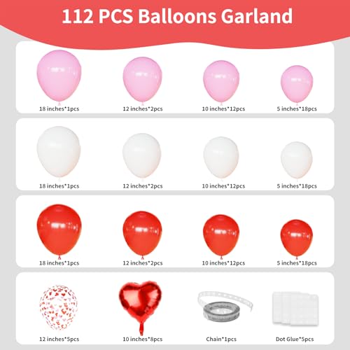 Image of Pink and Red Balloon Arch Kit,112pcs Different Size Pink and Red Balloons,Light Pink Balloons for Birthday Valentines Day Wedding Party Decoration