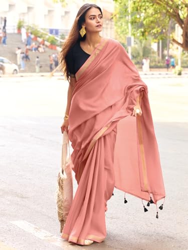 Image of AKHILAM Women's Soft Cotton Lightweight Tassels and Latkans Saree With Unstitched Blouse Piece | Office Wear Cotton Saree | cotton saree for woman