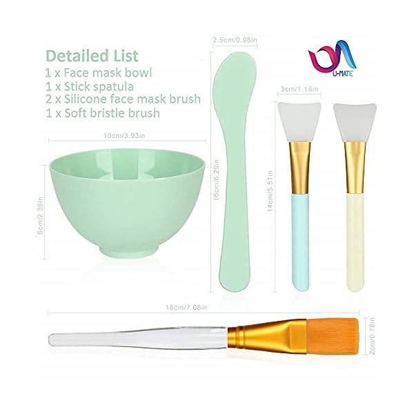 Facial Skin Care Horizon Mask Mixing Bowl DIY Set, U-MATE 5 in 1 Set include 1 Silicone Face Mask Bowl + 1 Stick Spatula + 2 Silicone Face Mask Brushes + 1 Premium Soft Bristle Brush Face Mask Applicator, Face Treatment Mask Mixing Tool Kit
