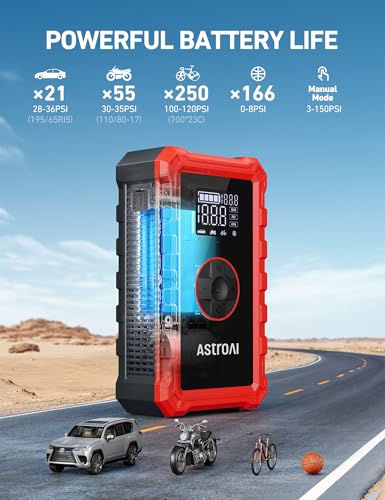 Image of AstroAI S8 Air Jump Starter with Air Compressor,3000A Peak Car Battery Jump Starter Portable (9.0 Gas /6.5L Diesel) with 150PSI Cordless Auto-Shutoff Tire Inflator, 12V Battery Charger Booster(Red)