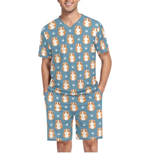 Men's Pajama Set Summer Short Sleeve Guinea Pigs Loungewear 2 Piece Sleepwear Set with Pockets