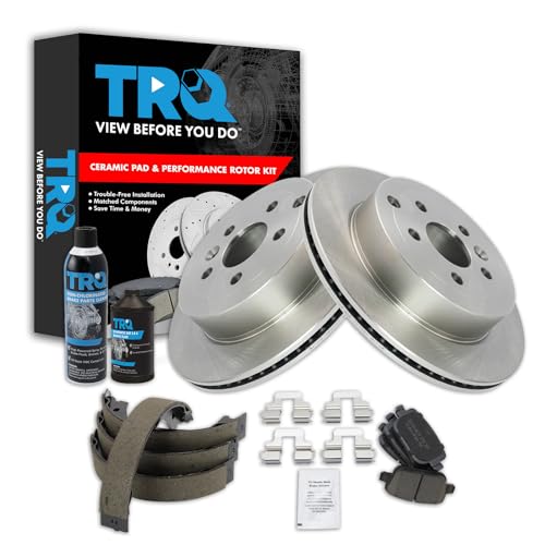 Image of TRQ Rear Brake Pad & Rotor Kit, with Chemical Kit Parking Brake Shoe Set Ceramic Compatible with 2008-2012 Land Rover LR2
