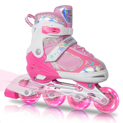 Image of Nattork Roller Skates for Girls with Light Up Wheel, Outdoor & Indoor Adjustable Inline Skates for Toddler Kids Youths Ages 6-10 7 8 9, Beginners Pink