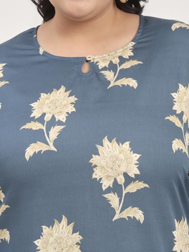 Image of Tissu Women's Plus Size Pure Cotton Grey Floral Tunic with Palazzo Co-ords