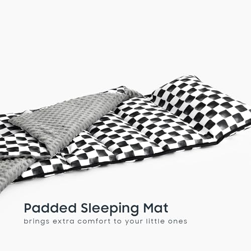 Image of Wake In Cloud - Toddler Nap Mat with Pillow and Minky Fleece Blanket, for Kids Boys Girls Ages 3 Plus in Daycare Preschool, Roll Up Sleeping Bag, Gingham Grid Checkered, Black White, Standard