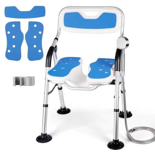 DEWEL Silla Ducha Personas Mayores, con Respaldo y Brazos, InstalacióN Sin Herramientas, con Ranuras, Altura Ajustable, Capacidad de Carga 150 Kg, Silla para Ducha para Personas Mayores(Azul)