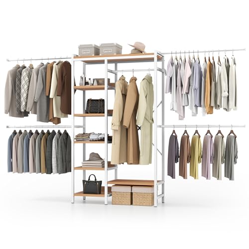 YITAHOME Heavy Duty Closet Organizer System, Adjustable Garment Rack with 4 Expandable Hanger Rods & 7-Tier Wood Shelves, Walk-In Closet Storage for 7-10 ft Spaces White