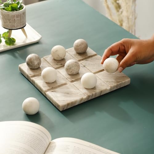 Image of NikkisPride Handmade Marble Tic Tac Toe Board Game with X O Theme Elegant White & Black Marble Accent, Perfect Diwali & Christmas Gift, Unique Gift for Students and Home Decor