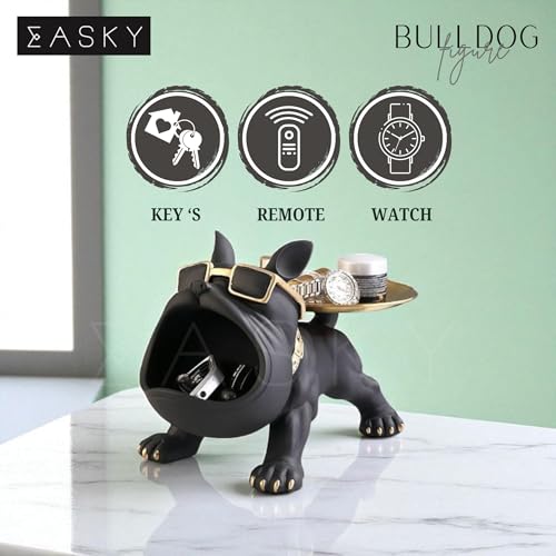 Image of Bulldog Resin Storage Tray | Decorative Dog Statue with Sunglasses | Multifunctional Remote, Key & Coin Holder for Home, Office, Entryway, or Living Room Decor (Black)