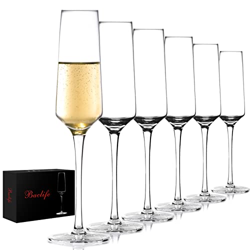 BACLIFE Champagne Flutes - Hand Blown Elegant Champagne Glasses Set of 6 - Unique Gift for Birthday,Wedding, Mother’s Day - Ideal for Wine Tasting,Daily Use - 7.5 oz, Clear