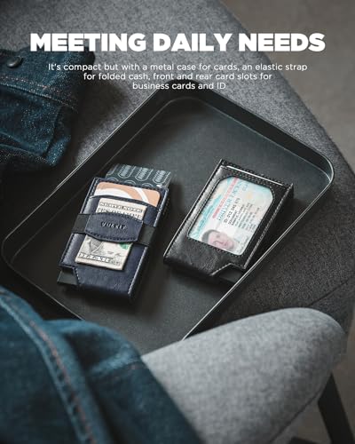 VULKIT Pop up Card Wallet with Money Strap Leather Front Pocket Card Holder with ID Window RFID Blocking Business Card Case for Men (Navy)3