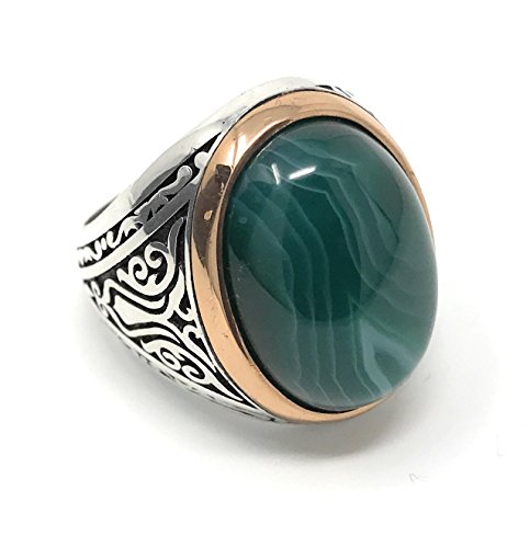 KAR 925K Stamped Sterling Silver Special Green Agate Men's Ring K52E