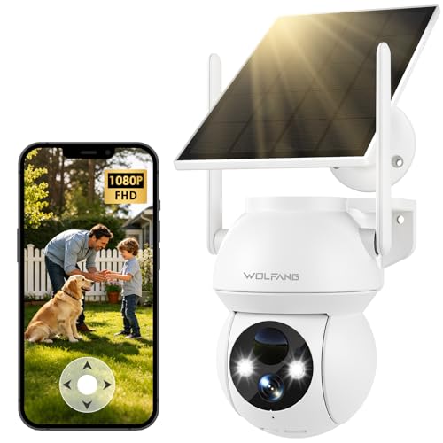 WOLFANG Caméra de sécurité Solaire d'extérieur 1080p PTZ WiFi 360° (2,4 G Uniquement), détection de Mouvement PIR, Vision Nocturne Couleur, Audio...