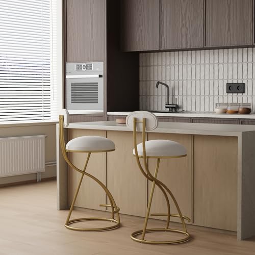 Set de 2 Butacos de Barra Modernos Altura de Mostrador, Color Dorado y Blanco Crema | Tapizados en Terciopelo, con Respaldo y Sin Brazos, para Hogar, Pub, Cocina, Isla y Bistro miniatura 1