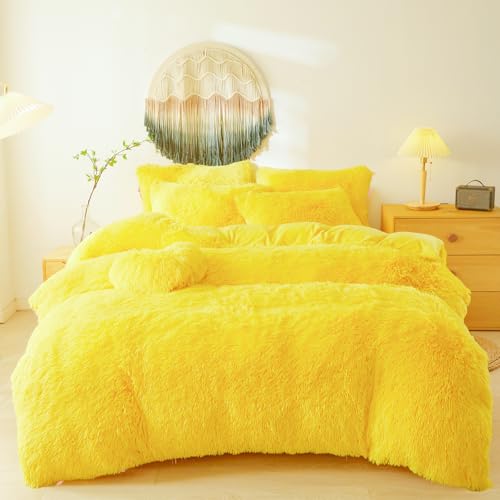 Furry Fluffy Yellow Comforter Cover King Set – Faux Fur Furry Yellow Bedding 3-Piece Set (1 Duvet Cover + 2 Furry Pillow Shams) Cozy Bed Set
