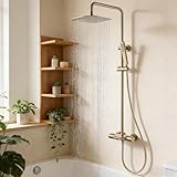 AETEREOS Duschsystem mit Thermostat Gold 3 Funktions Duscharmatur Komplettset Duschset Regendusche Dusche Regendusche Set Duschgarnitur mit Regendusch, Handbrause, Wasserfall Badewannenarmatur