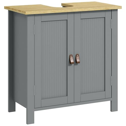 kleankin Meuble sous lavabo, Meuble de Salle de Bain sous lavabo, 2 Portes, étagère réglable, 2 étages à l'intérieure, poignées en PU, 60 x 30 x 60 cm,...