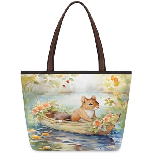 Watercolor Squirrel River Boat Tote Bag Multi Pocket Zippered Beach Bag Lightweight Waterproof Handbag for Women Men Work Gym Travel Swimming Yoga Grocery Shopping M