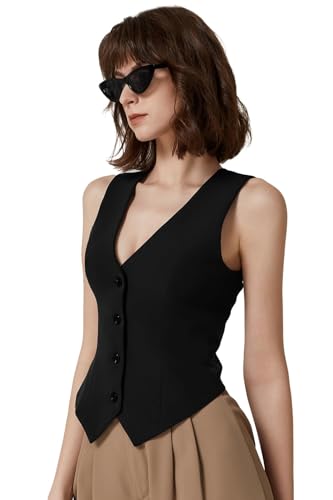 QINSEN Womens V Neck Vest Top Sleeveless Button Down Fully Lined Solid Going Out Crop Tops3