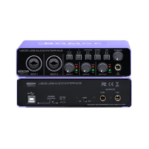 BOMGE Interfaz de audio USB con alimentación fantasma XLR/48V, 32 bits/192 kHz de alta fidelidad, para interfaz de mezclador de audio de estudio para guitarrista, vocalista, podcaster, productor