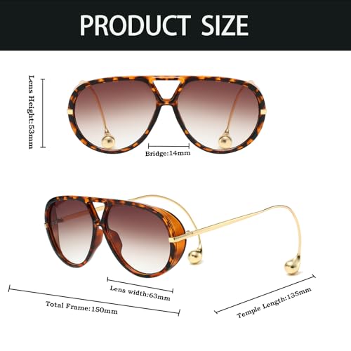 YAMEIZE Oversized Pilot Sunglasses for Women Men Retro 70s Double Bridge With Earring Round Shield Big Sun Glasses UV400 (Leopard-GradientBrown)4