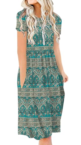 Image of DB MOON Women Summer Casual Short Sleeve Dresses Empire Waist Dress with Pockets