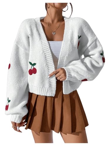 Image of GORGLITTER Women's Cherry Cropped Cardigan Sweaters Open Front Long Sleeve Cute Chunky Knit Short Cardigan Trendy