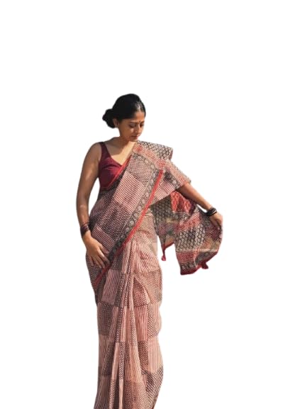 Hand Block Print Cotton Saree for Women | Maroon and Beige Traditional Printed Saree with Contrasting Border | Soft Cotton Saree, Office, Casual and Cultural Occasions-image-30