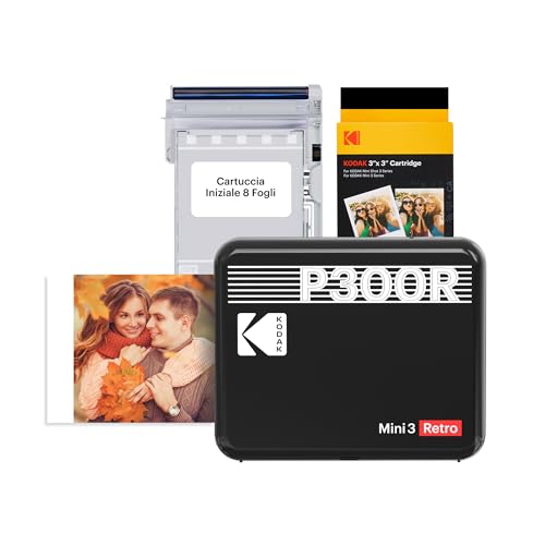 KODAK Mini 3 Retro 4PASS Stampante Fotografica Portatile (7,6x7,6cm) + Pacchetto con 68 Fogli, Nero