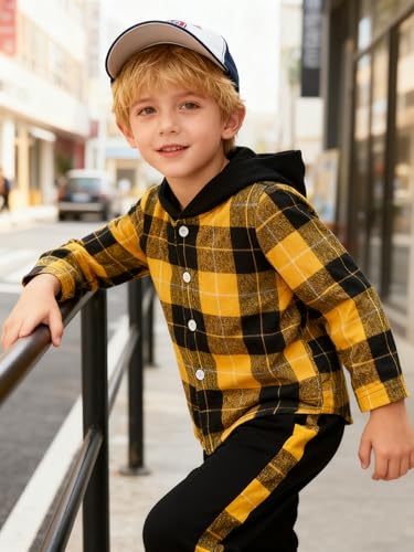 Image of OLMRJKD Toddler Baby Boy Clothes Plaid Long Sleeve Hoodie Sweatshirt + Pants 2pcs Boys Outfit Set