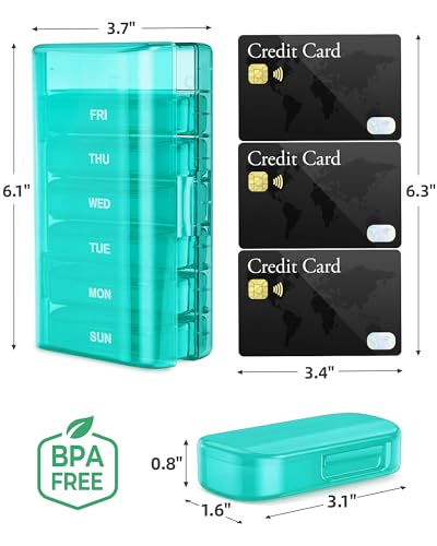 Image of PULIV Weekly Pill Organizer with Large Capacity, Dual Protection Pill Box 7 Day, Arthritis Friendly Pill Case Easy to Open, Medicine Organizer for Vitamins, Medications, Fish Oils, Supplements (Cyan)