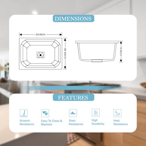 Image of ARQUIN Quartz Kitchen Sink 24x18x9 Inch Black Diamond | Single Bowl Sink | Durable & Scratch-Resistant | Undermount /Topmount Including Coupling, Waste Pipe & Fruit Washing Basket