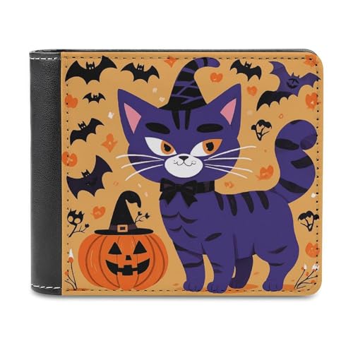 PU Leather Wallet for Men Halloween Cat Print Thin Wallet Slim Minimalist Bifold Front Pocket Wallets, 6 Credit Card Slots