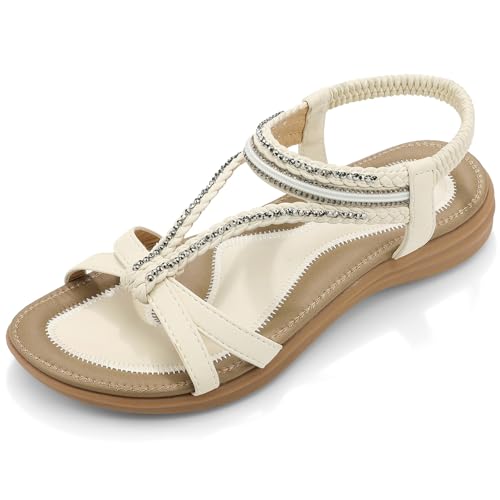 Image of UBFEN Womens Bohemian Flat Sandals With Back Strap Summer Beach Comfortable Bling