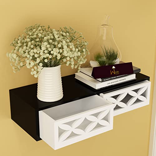 Wooden Twist Exclusively Launched Engineered Wood Wall Shelf with Drawer for Living Room, Storage and Home Decorative (Glossy Finish) (Black & White)