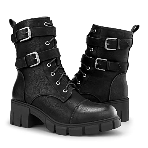 Tobfis Women's Combat Boots Side Zipper Buckle Chunky Heel Ankle Booties3