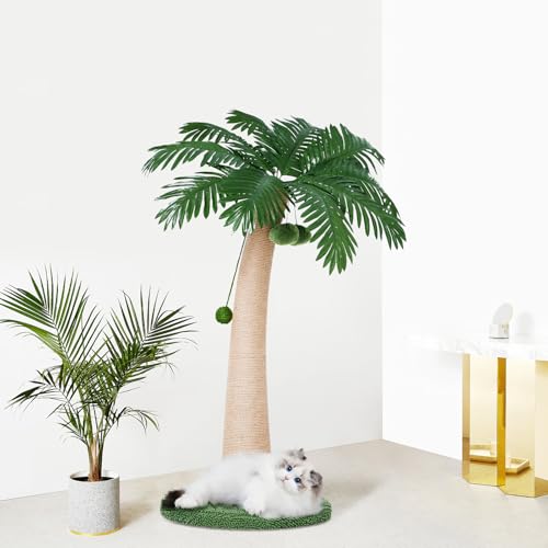 Image of 43.3inch Palm Tree Shape Style Sisal Cat Tree Scratching Post Cats, Wear Resistant Cat Claw Scratcher with Plush Stable Base & Hanging Toy Ball, Green