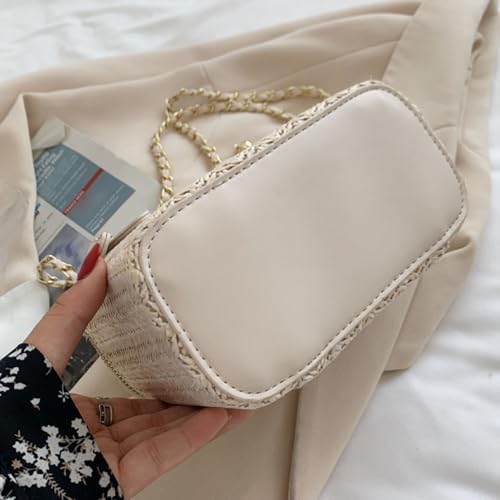 Women Woven Crossbody Bag with Chain Weaving Beach Handbag Straw Bucket Satchel Bag Ladies Summer Daily Bag2