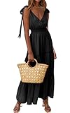 PRETTYGARDEN Women's Cross Neck Summer Sleeveless Tiered Maxi Dress Beach Tie Strap Smocked Long Dresses Pleated Sundress (Black,Medium)