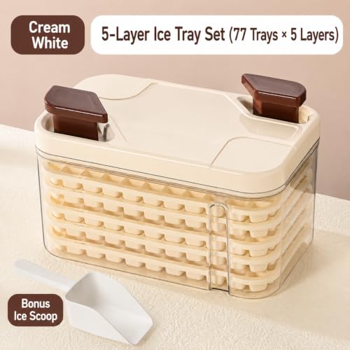 Image of HomeCloud Dual Press Ice Cube Tray with Storage Bin & Lid, 385 Ice Cubes (77 Grids x 5 Trays) BPA Free Easy Release Ice Mold with Scoop for Freezer, Home, Kitchen & Drinks (Cream)
