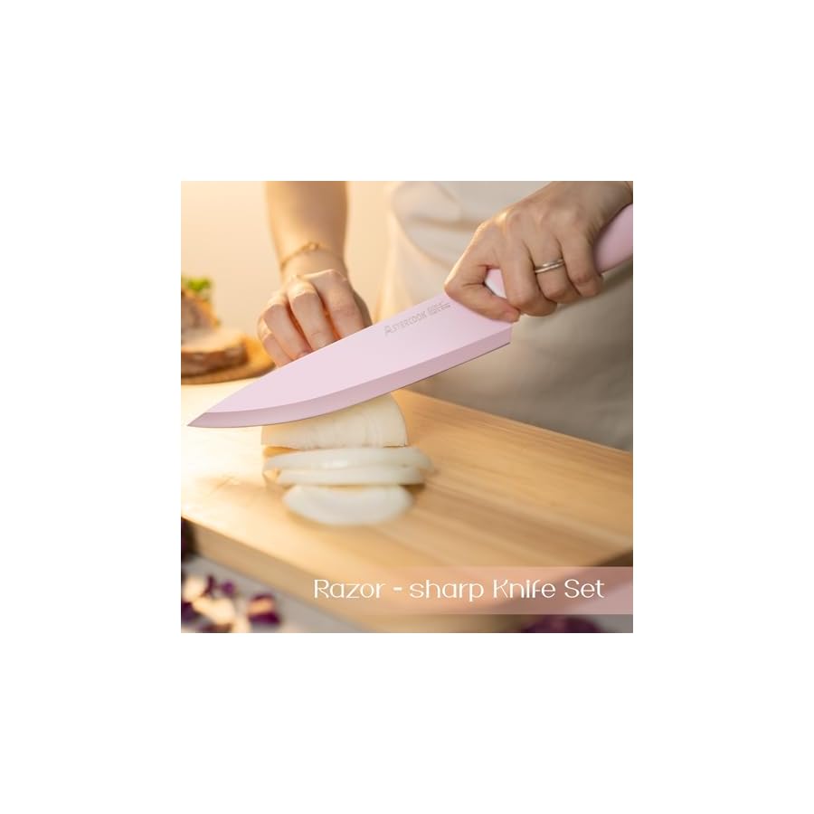 Astercook Kitchen Knife Set with Block and Sharpener 22 Piece German High Carbon Stainless Steel Knives Sharp Blade Dishwasher Safe Knife Set with Anti-slip Ergonomic Handle, Crystal Pink