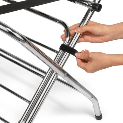 Image of Multipurpose Portable Foldable Stainless Steel Luggage Rack with Shoe Storage Shelf, Heavy-Duty Mirror Finish Frame, Black Nylon Straps, Ideal for Home, Hotel & Travel Use