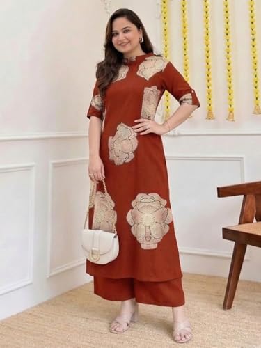 Image of ANNI Designer Women Viscose Blend Straight Fit Printed Kurta Palazzo Set | Mandarin Neck Outfit | Lightweight Breathable Fabric | Comfortable Elegant Styling for Office Casual Wear