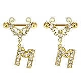 Godtemrow 2Pcs Gold Nipple Rings Name Letter Dangle for Women 14GA 316L Surgical Steel Cubic Zirconia Hypoallergenic Nipple Piercing Jewelry (M)